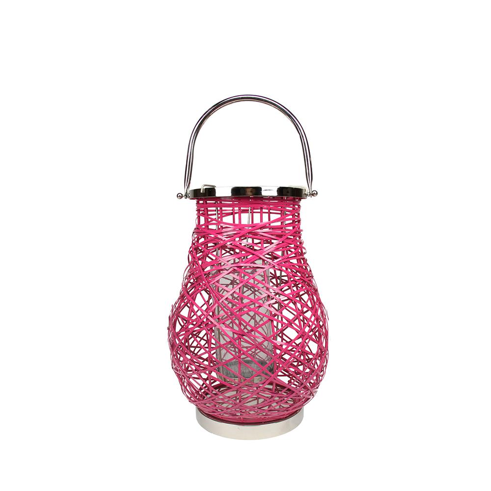 13.5" Modern Fuchsia Pink Decorative Woven Iron Pillar Candle Lantern with Glass Hurricane. Picture 1