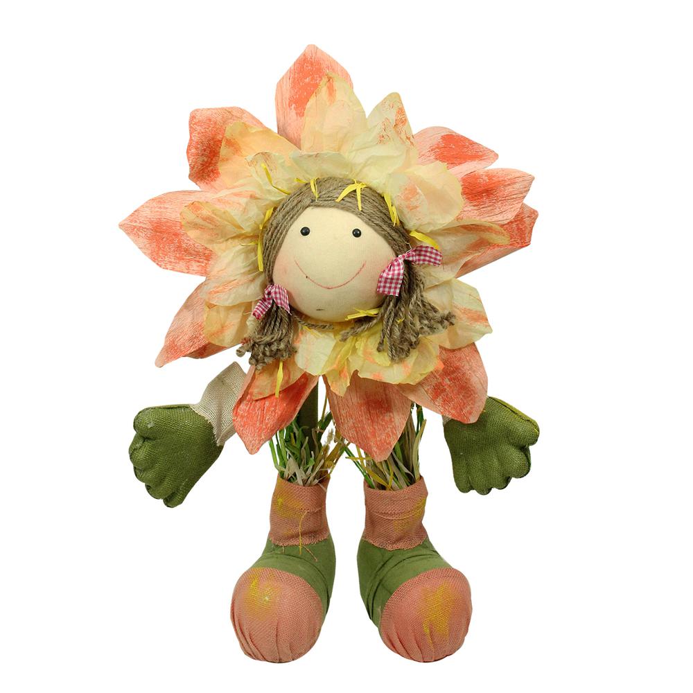 29"  Peach  Green and Yellow Spring Floral Standing Sunflower Girl Decorative Figure. Picture 1