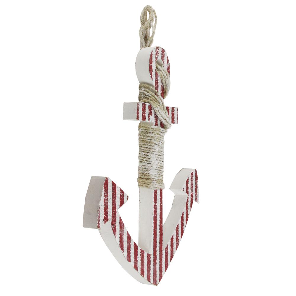16" Red and White Striped Nautical Hanging Anchor with Rope Wall Art. Picture 2