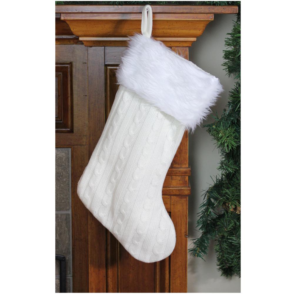 19" Cream Cable Knit With White Faux Fur Cuff Christmas Stocking. Picture 4