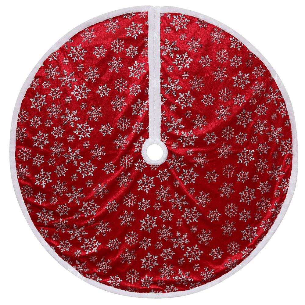 48" Red and White Snowflake Christmas Tree Skirt with a White Border. Picture 1