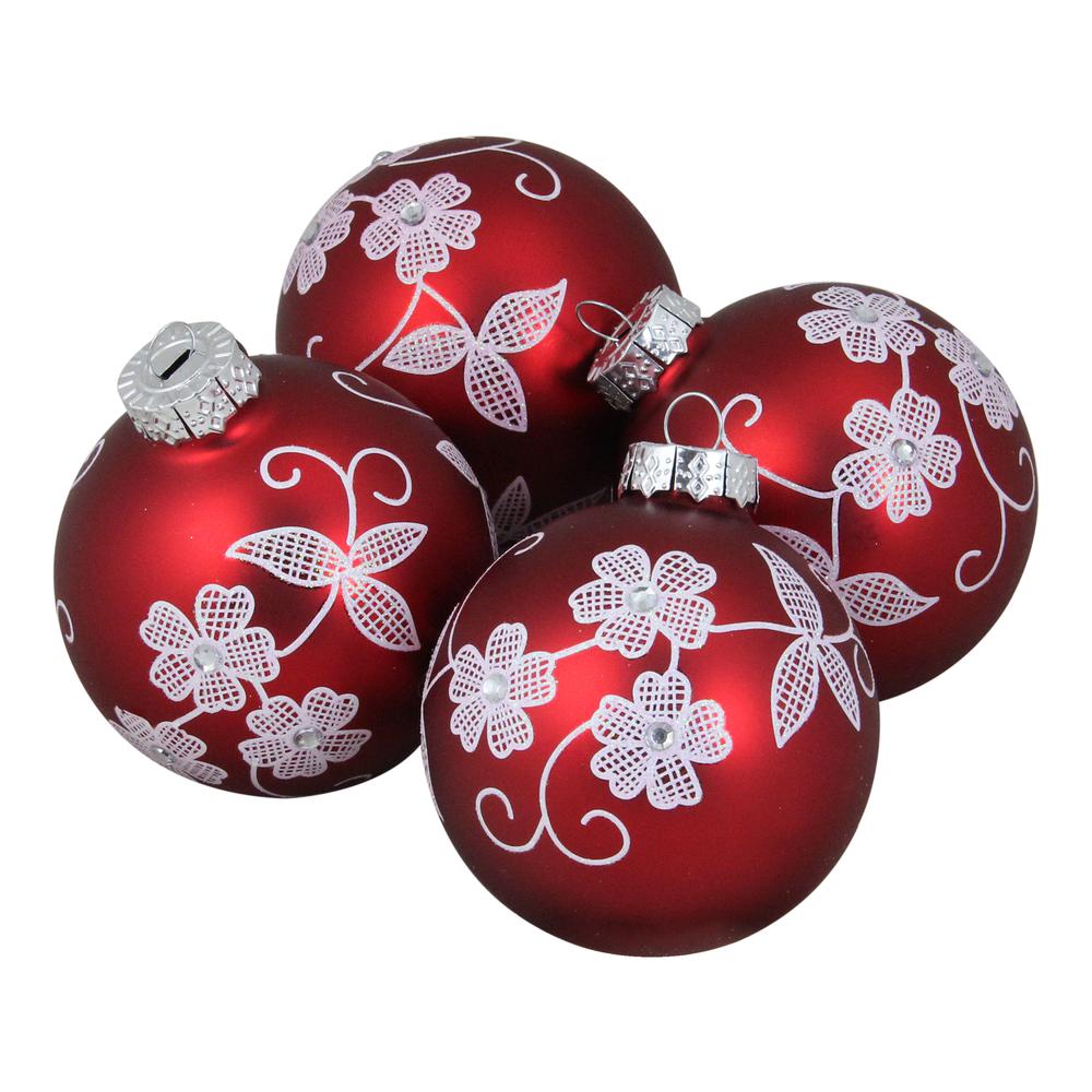 4ct Red and White Floral Christmas Ball Ornaments 3.25" (100mm). Picture 1
