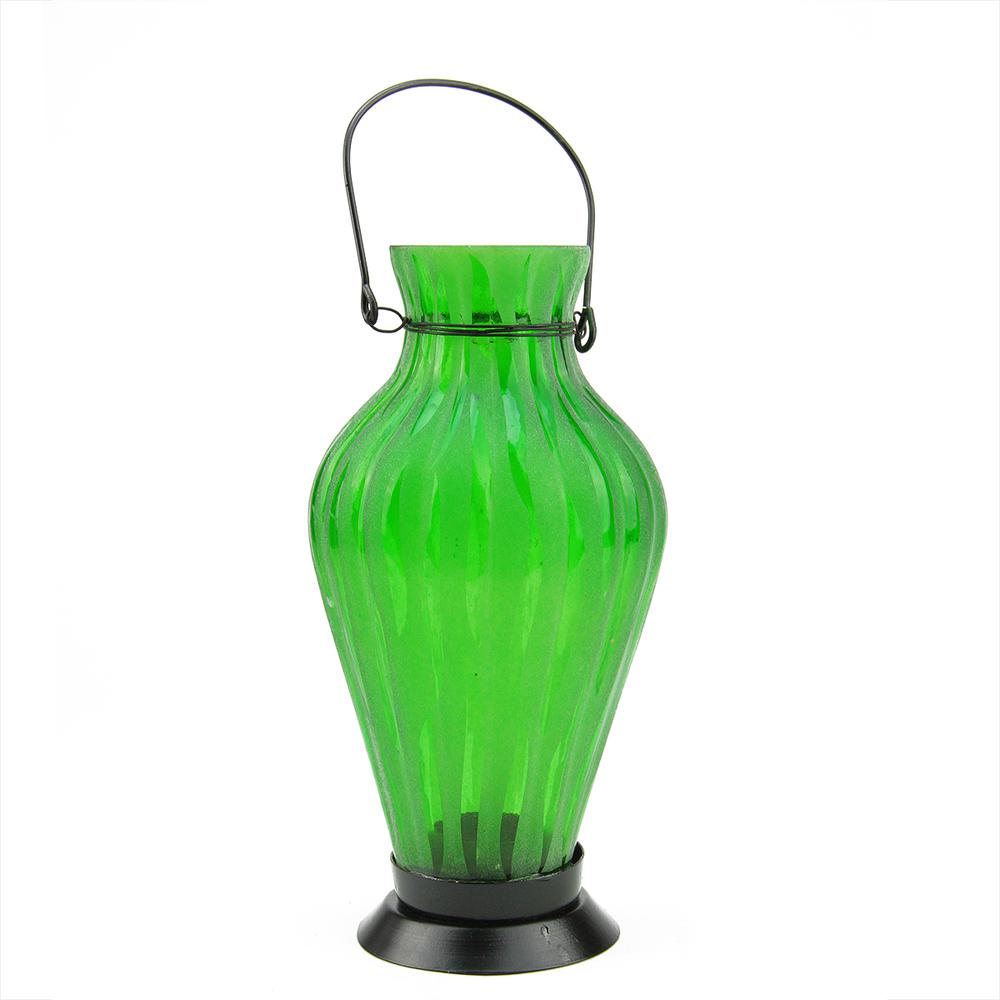 9.5" Frosted Green Ribbed Vase Glass Bottle Tea Light Candle Lantern Decoration. Picture 1