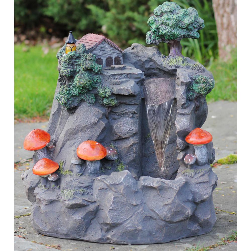 24.5" Solar LED Lighted Mushrooms By Waterfall Outdoor Patio Garden Water Fountain. Picture 4