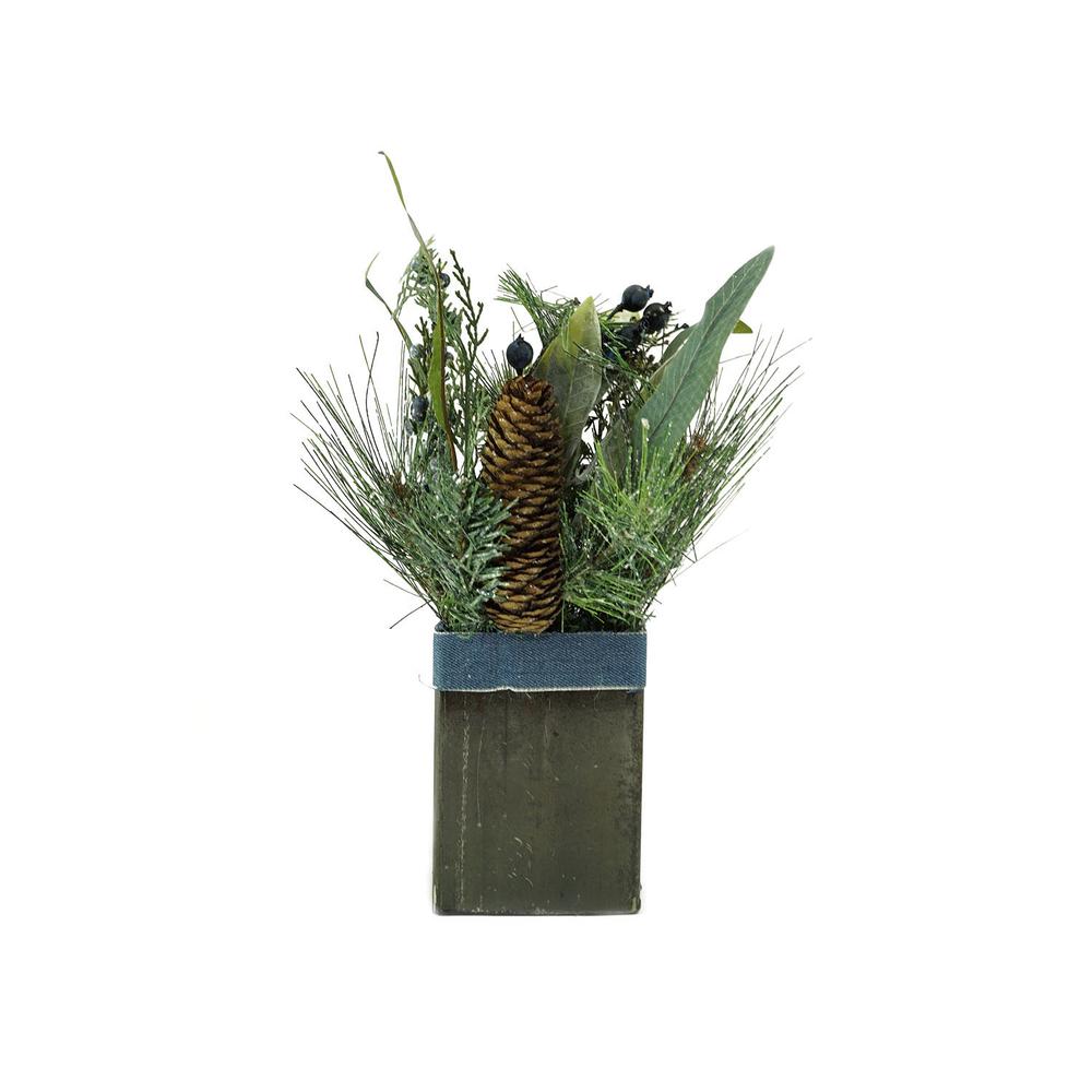 13" Green and Blue Square Potted Frosted Blueberry Artificial Christmas Arrangement. Picture 1