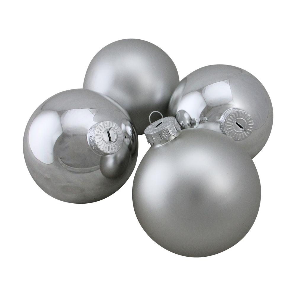 4ct Shiny and Matte Silver Glass Ball Christmas Ornaments 4" (100mm). Picture 1