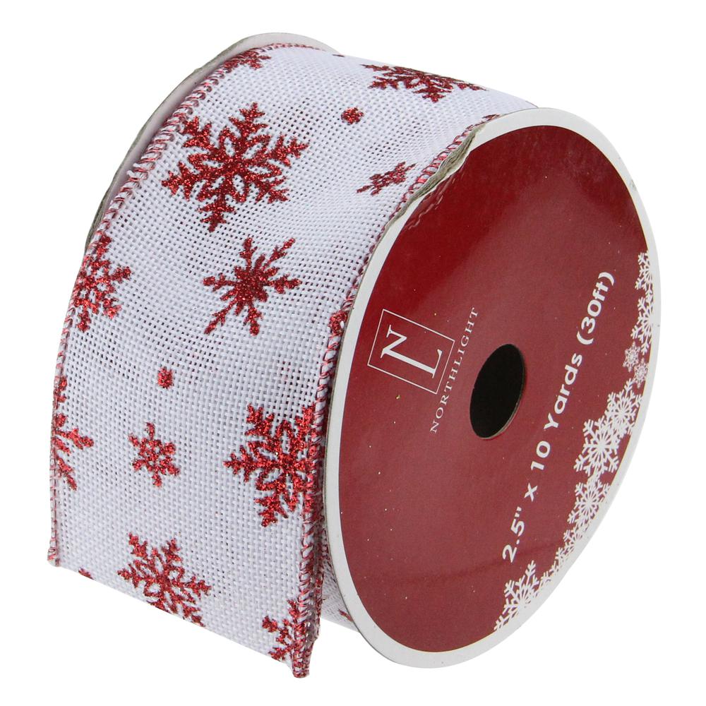 Club Pack of 12 White and Red Snowflakes Burlap Wired Christmas Craft Ribbon Spools - 2.5" x 12 Yards. The main picture.