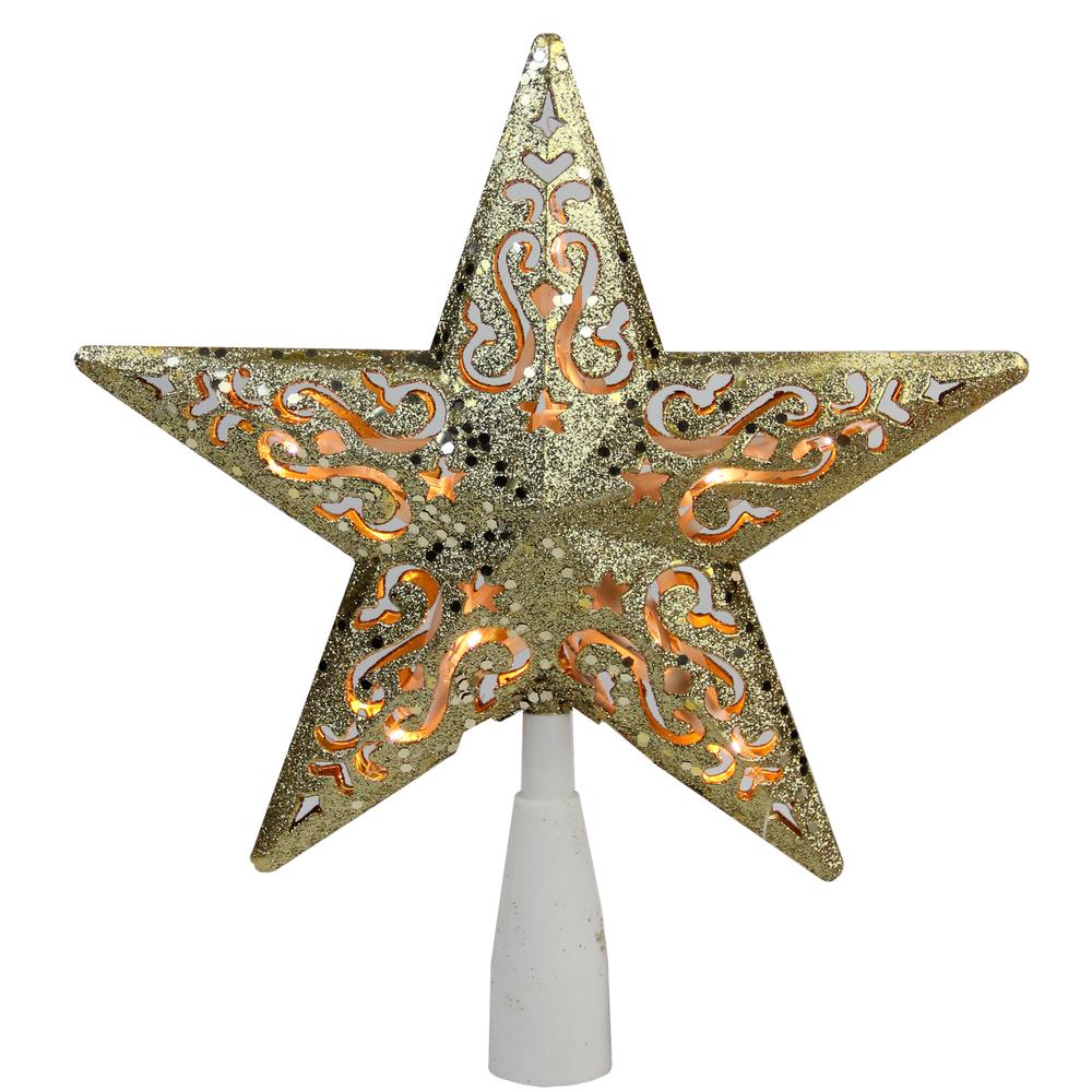 8.25" Gold Glitter Star Christmas Tree Topper - Clear Lights. Picture 1