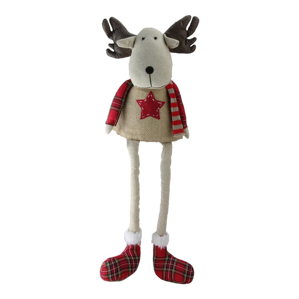 14.75" Red and White Plaid Elk Sitting with Dangling Legs Tabletop Decoration. Picture 1