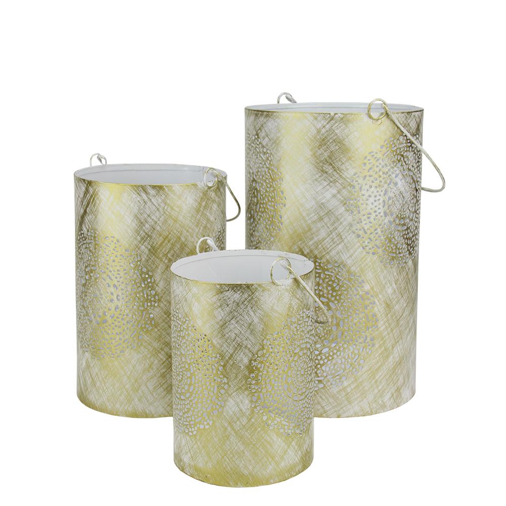 Set of 3 White and Gold Decorative Floral Cut-Out Pillar Candle Lanterns 10". Picture 1