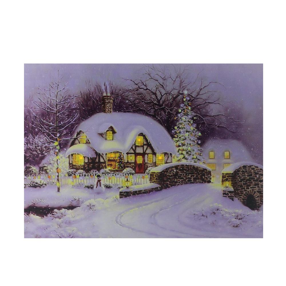 Fiber Optic and LED Lighted Snowy Christmas House Canvas Wall Art 12" x 15.75". Picture 1