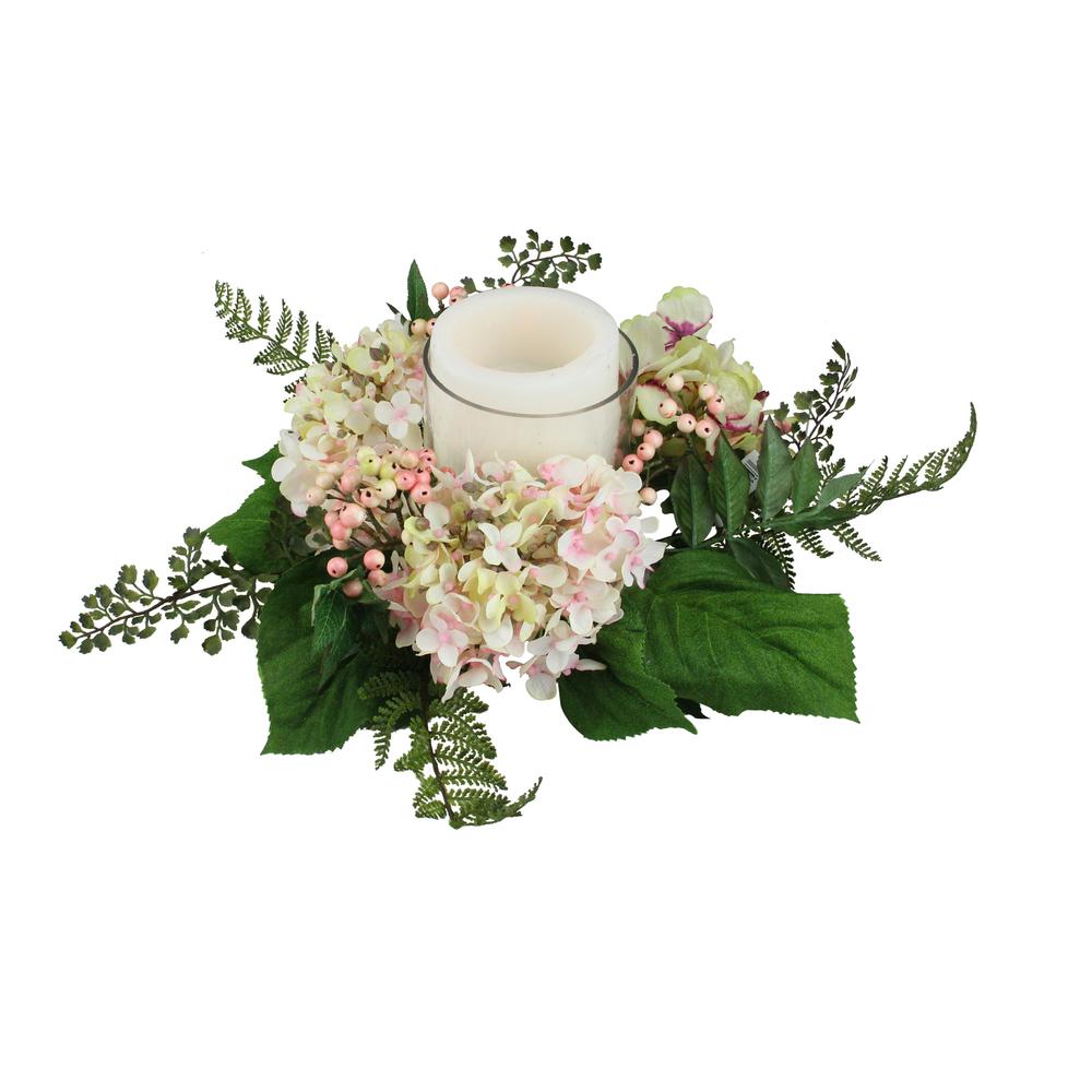 16" Decorative Artificial Pink and Green Hydrangea and Berry Hurricane Glass Candle Holder. Picture 1