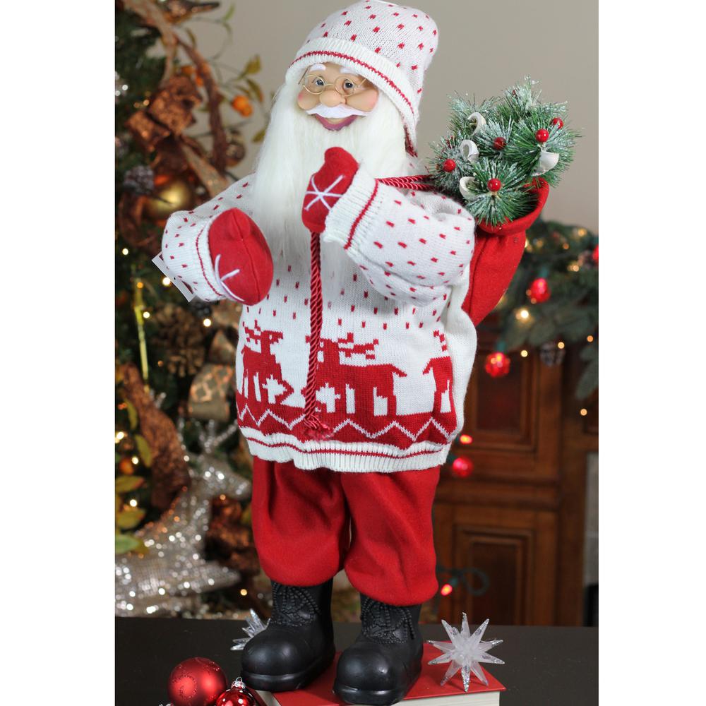 25" White and Red Santa in Knit Deer Sweater with Sack of Pine Figure Decoration. Picture 2