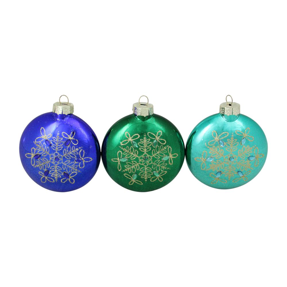 Set of 3 Blue and Green Glitter Snowflake Disc Shaped Glass Christmas Ornament 3.25" (82mm). Picture 1