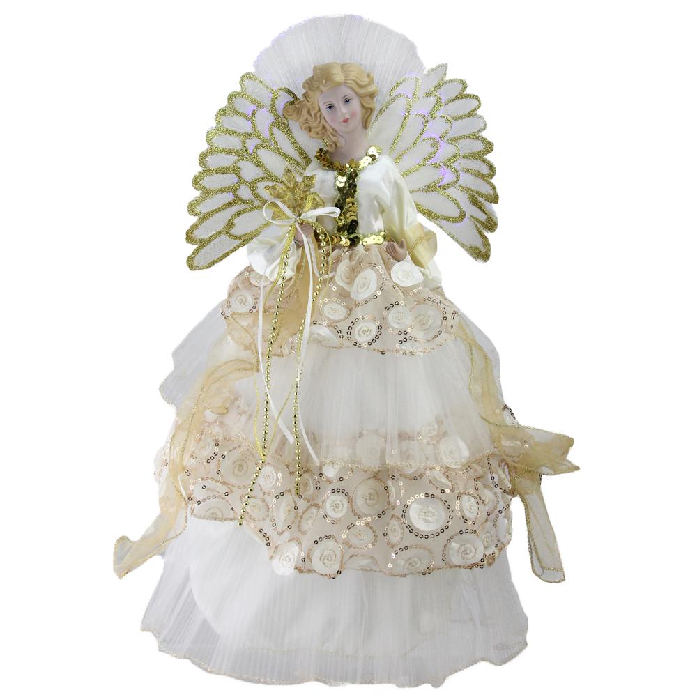 16" White and Gold Lighted Angel Sequined Gown Christmas Tree Topper. Picture 1