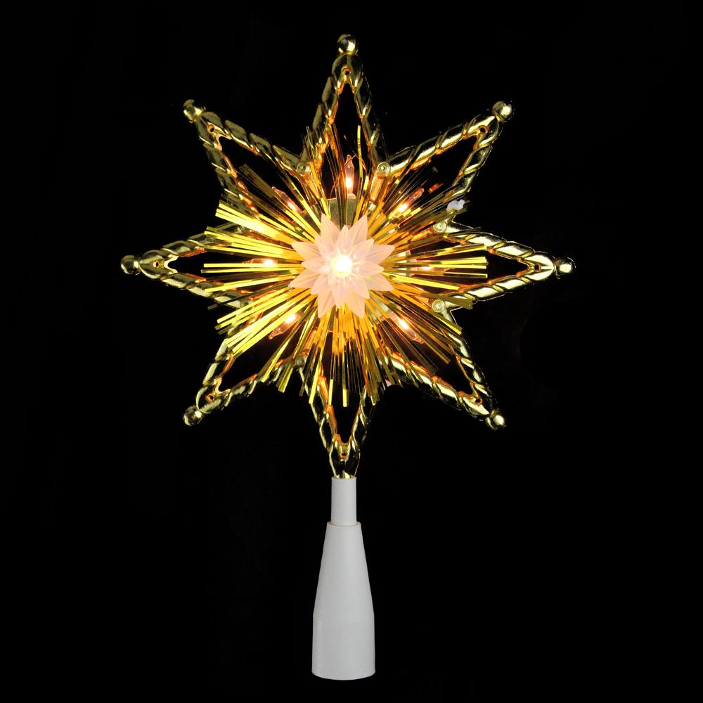 8" Gold Tinsel 8 Point Star Christmas Tree Topper - Clear Lights. Picture 2