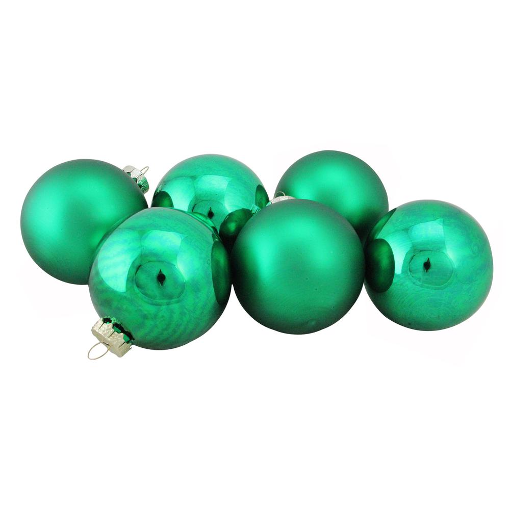 6ct Shiny and Matte Green Glass Ball Christmas Ornaments 3.25" (82mm). Picture 1