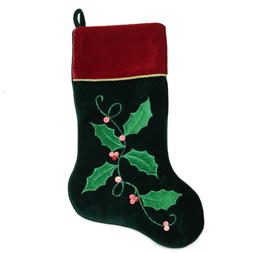 20" Dark Green and Red Holly Berry Christmas Stocking. The main picture.
