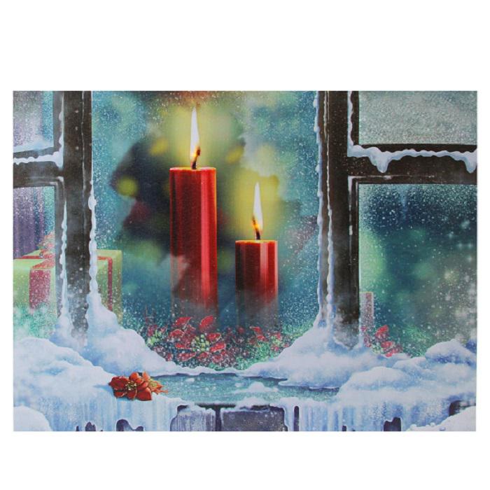 LED Lighted Snowy Window Pane and Candles Christmas Canvas Wall Art 12" x 15.75". Picture 1