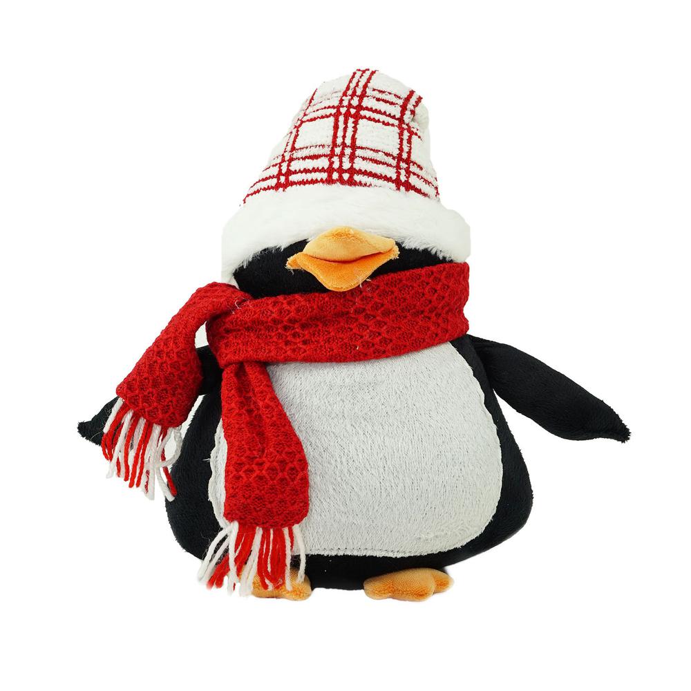 13.75" Black and Red Penguin Wearing a Scarf with Plaid Hat Christmas Tabletop Decoration. Picture 1