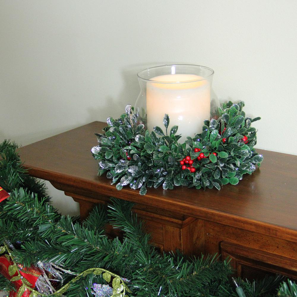 6" Clear and Green Boxwood with Berry Tipped Christmas Hurricane Pillar Candle Holder. Picture 3