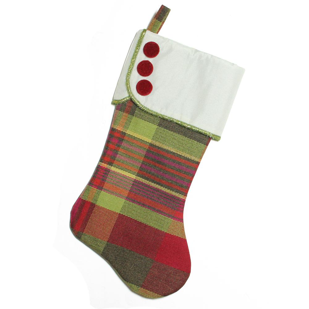 19" Multi-Color Plaid Christmas Stocking with Green and Yellow Trim and Red Buttons. Picture 1