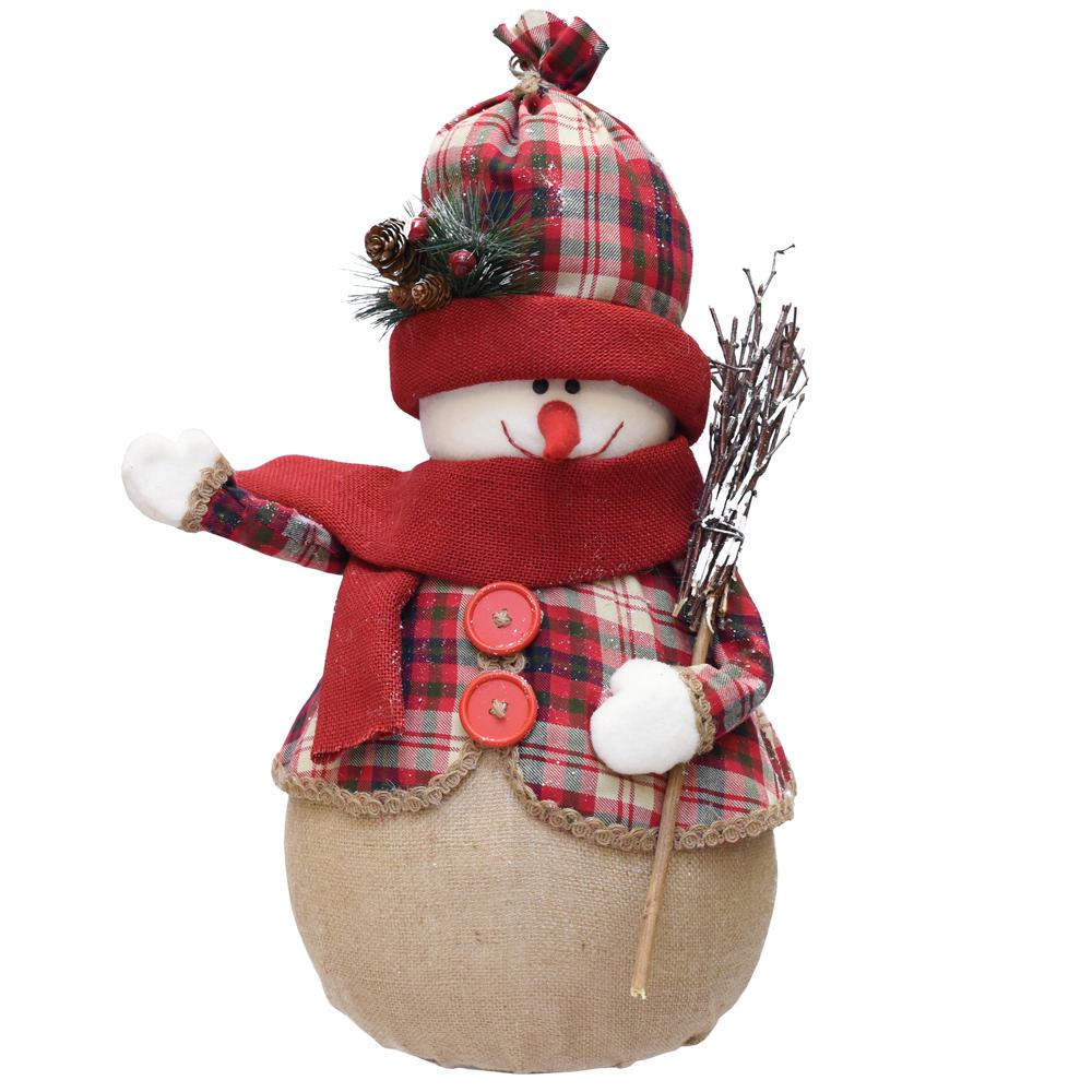 22" Red and Brown Snowman with Broom Christmas Tabletop Figurine. Picture 1