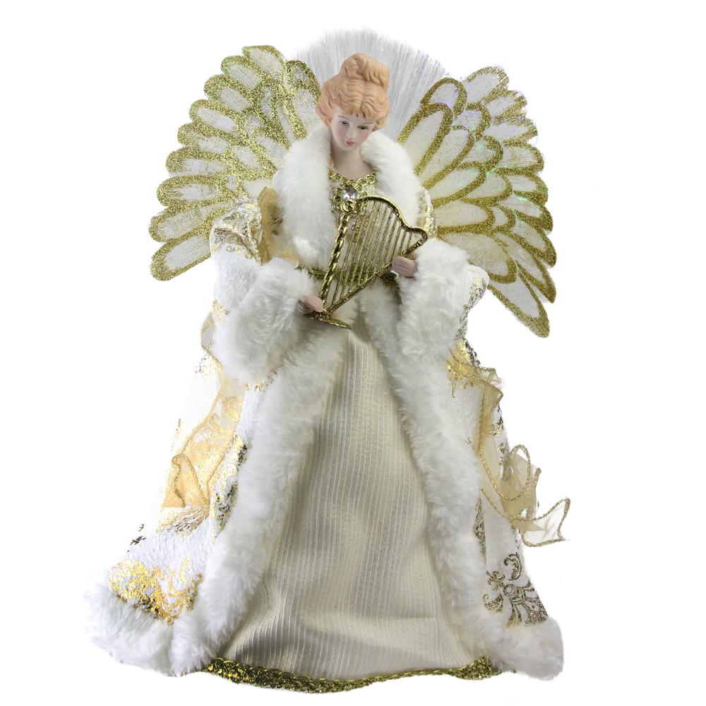 12" Lighted Fiber Optic Angel in Gold and Cream Gown with Harp Christmas Tree Topper. The main picture.