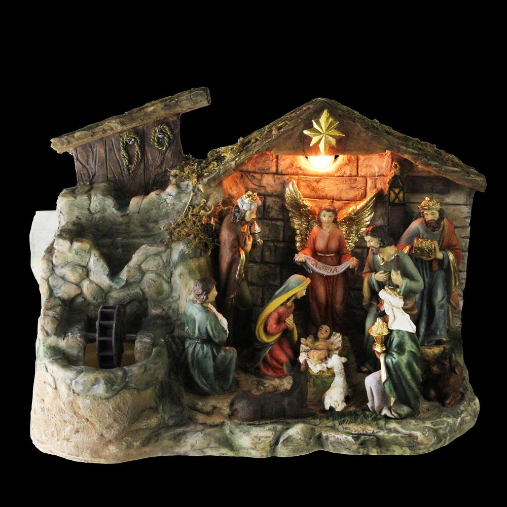 11-Piece Pre-Lit Brown Christmas Nativity Figurine Set with Water Fountain 11" - Warm White Light. Picture 2