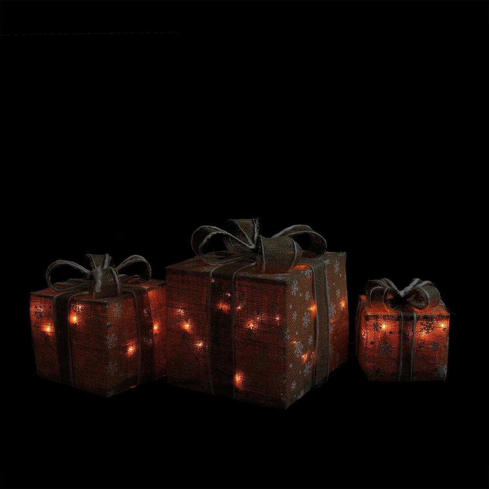 Set of 3 Lighted Natural Snowflake Burlap Gift Boxes Christmas Outdoor Decorations. Picture 2
