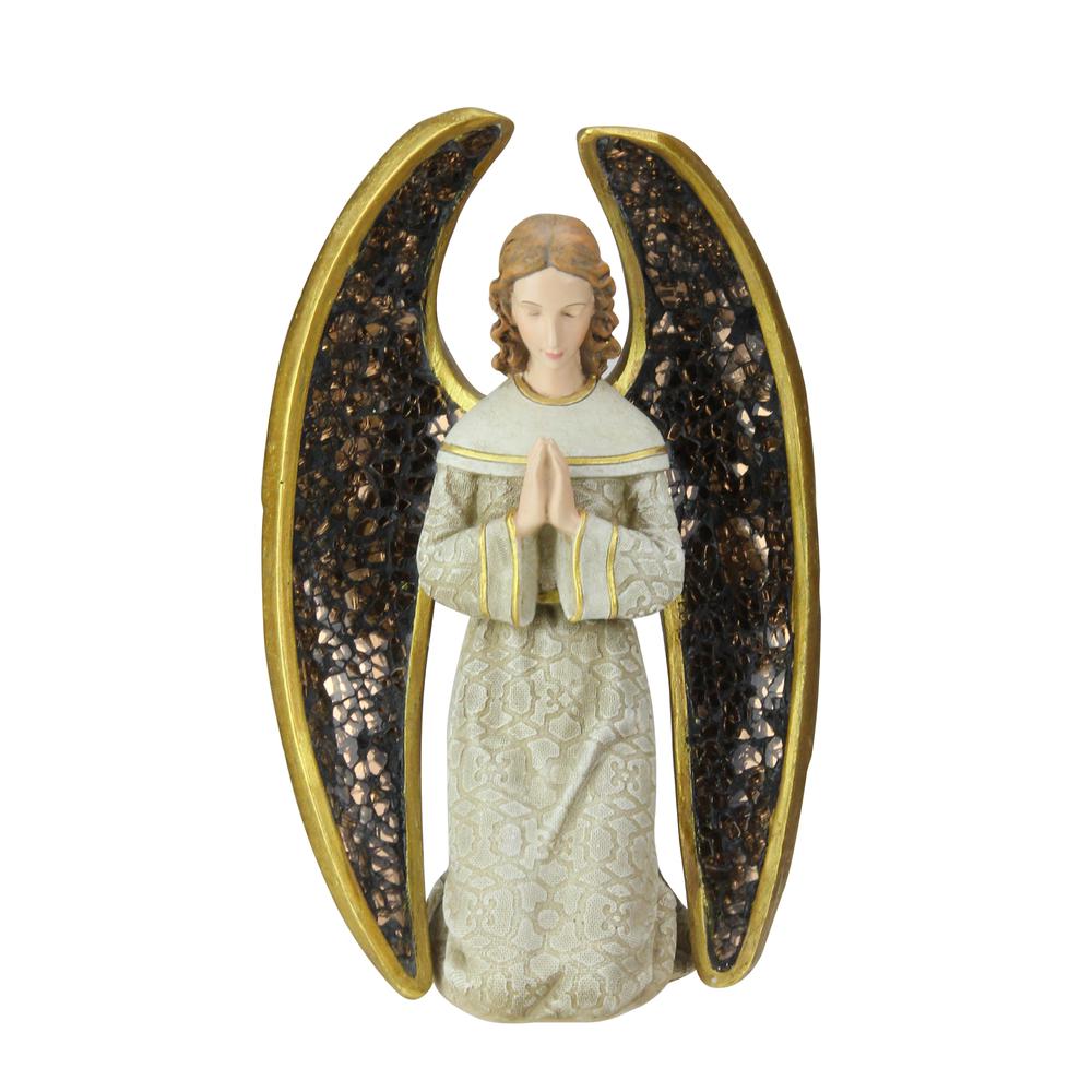 8" Gold and Gray Praying Angel with Mosaic Wings Tabletop Christmas Figure. Picture 1