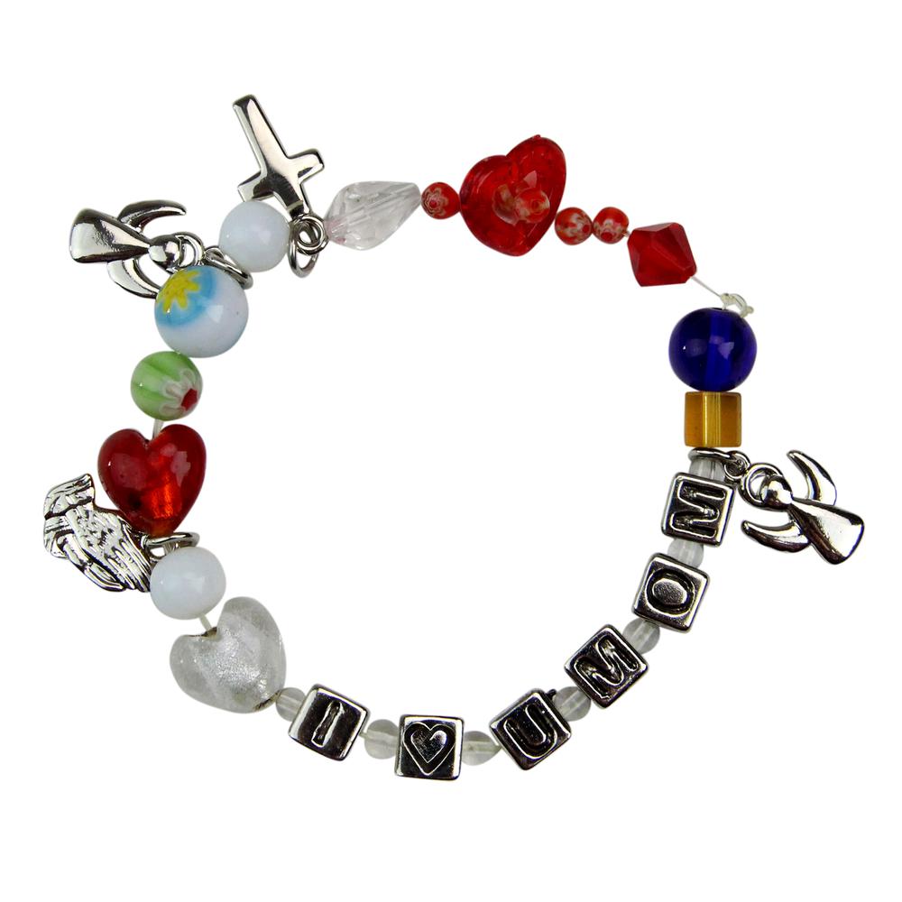 7.5" Red and Gray 'I Love Mom' Glass Beaded Bracelet. The main picture.