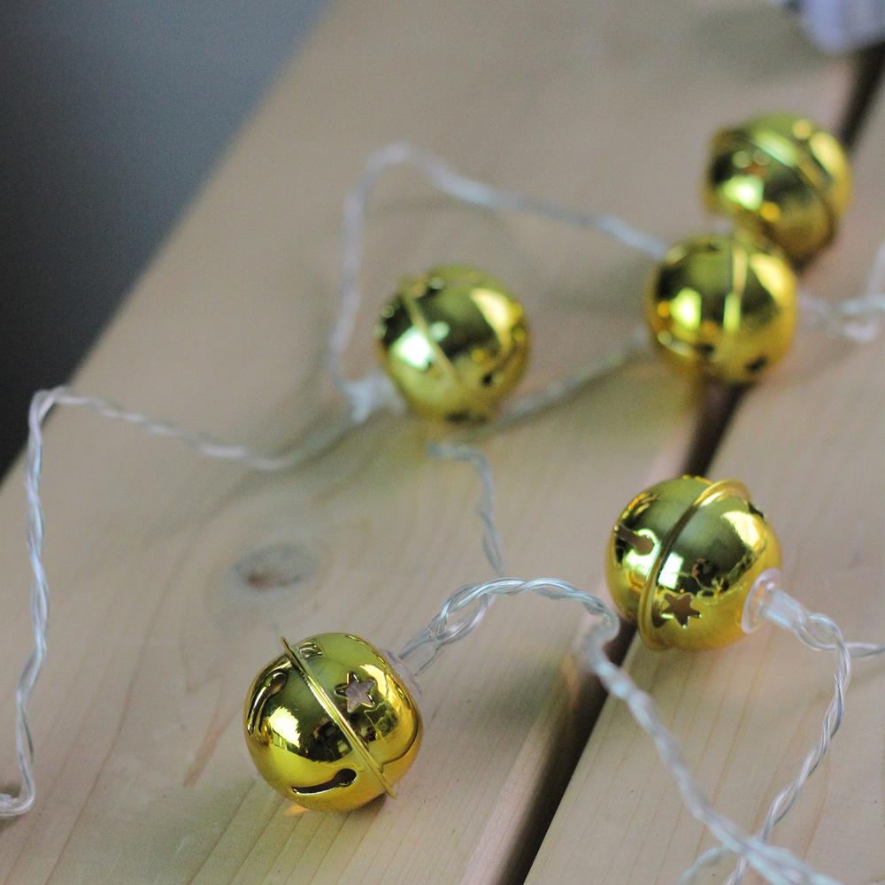 8 Battery Operated Gold LED Jingle Bell Christmas Lights - Clear Wire. Picture 2