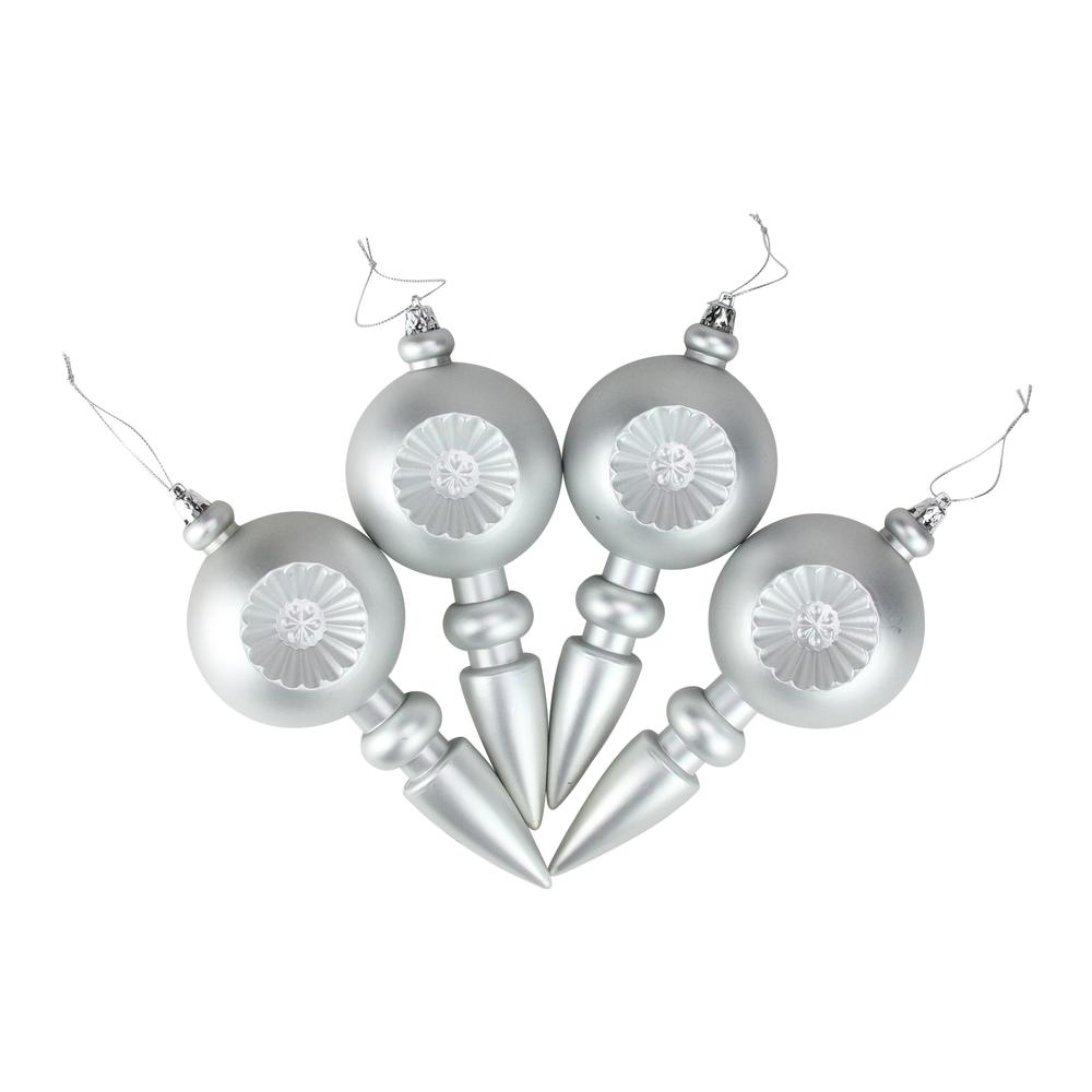 4ct Matte Silver Retro Reflector Shatterproof Christmas Finial Ornaments 7.5". Picture 2