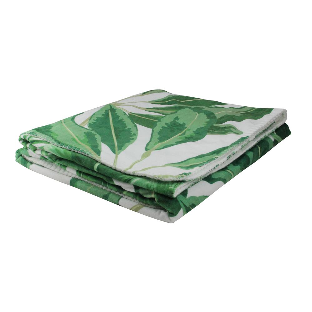White and Green Tropical Leaves Plush Fleece Throw Blanket 50" x 60". Picture 2