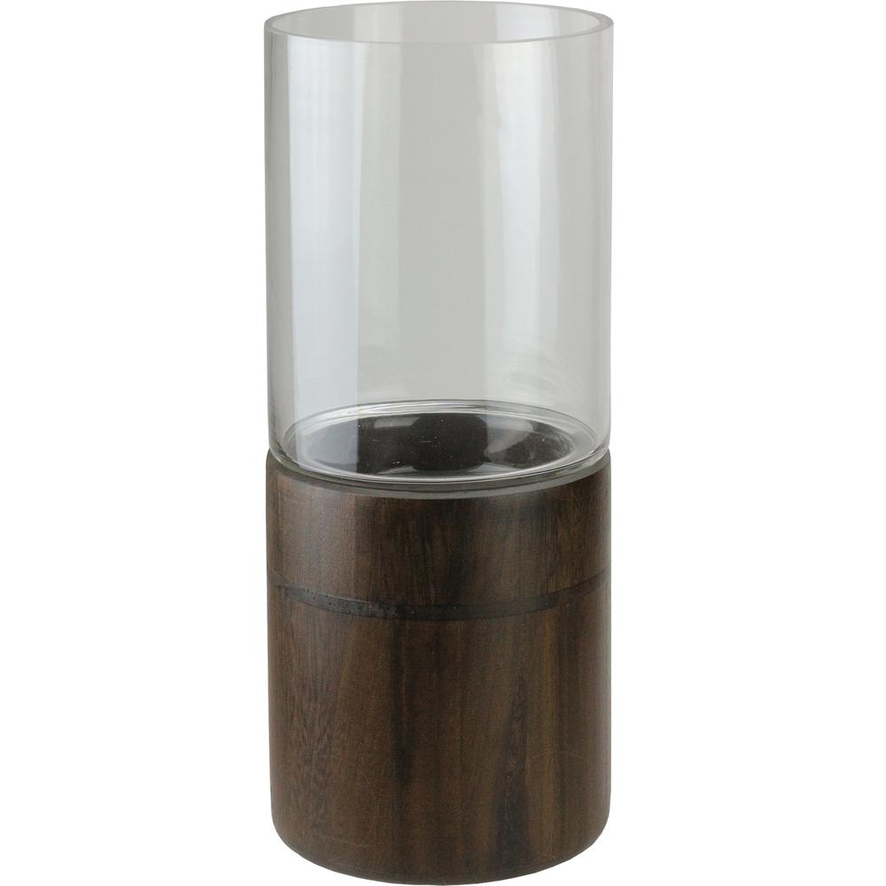 15.25" Clear Glass Hurricane Pillar Candle Holder with Wooden Base. Picture 1