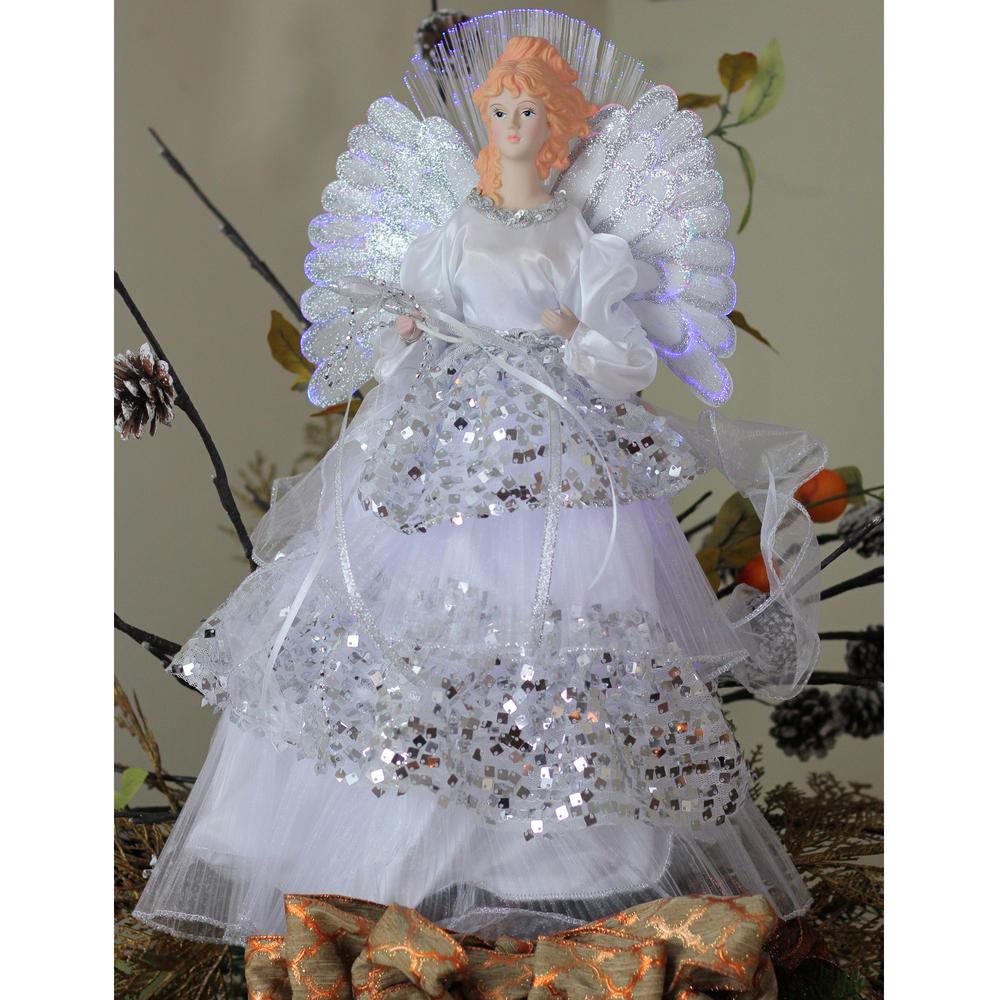 16" White and Silver Lighted Fiber Optic Angel Sequined Gown Christmas Tree Topper. Picture 3