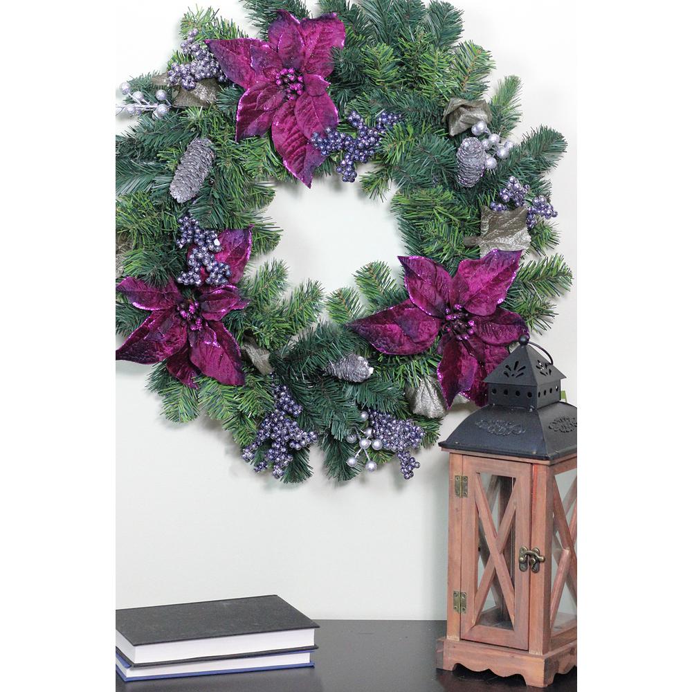 Purple Poinsettia and Silver Pine Cone Artificial Christmas Wreath - 24-Inch  Unlit. Picture 4