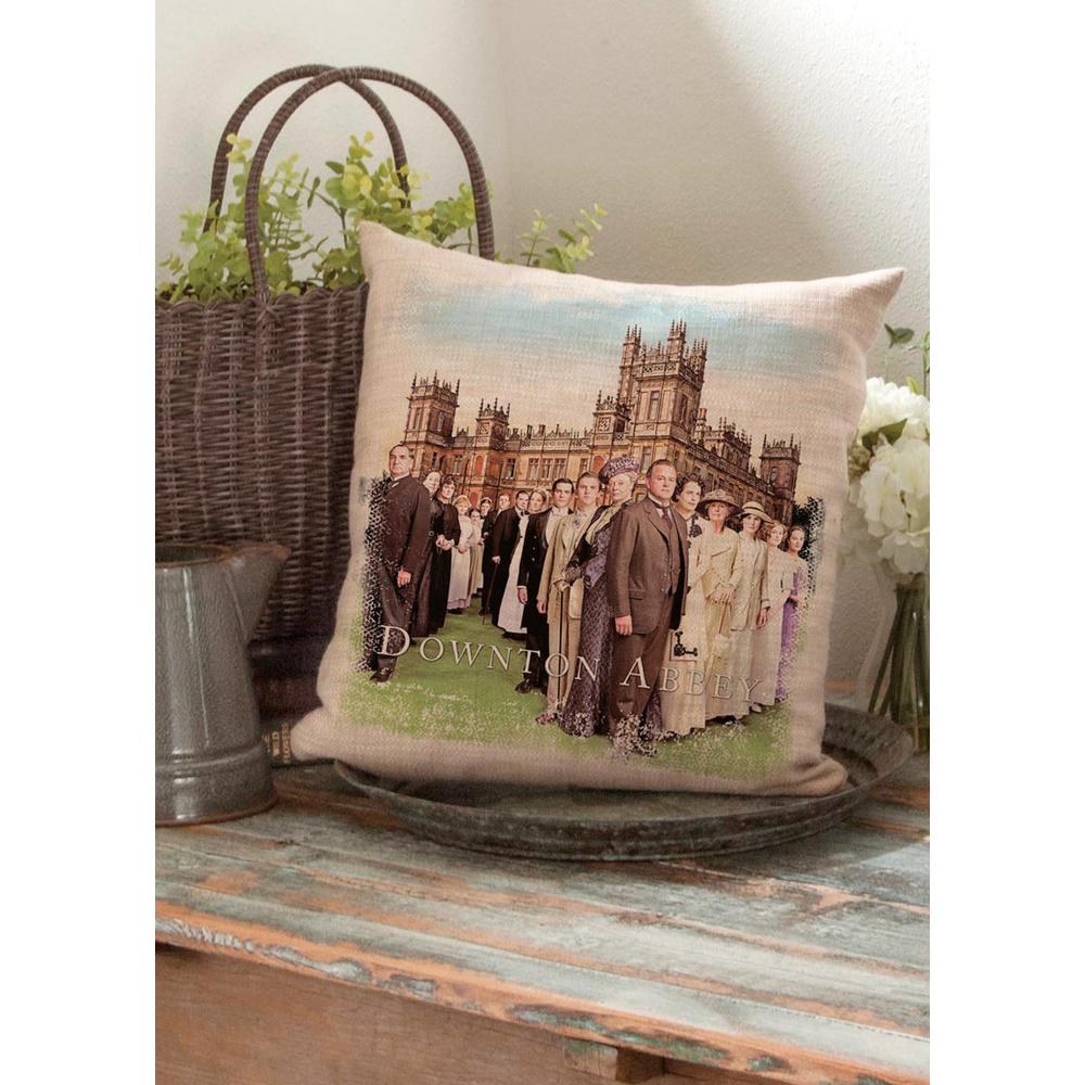 18" Brown and Green Downton Abbey Cast Square Throw Pillow. Picture 2