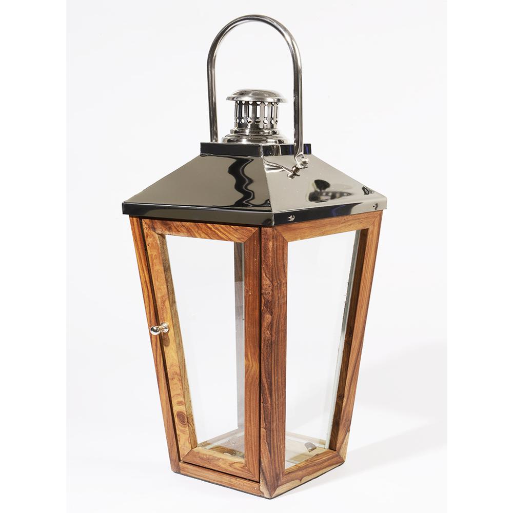 24.75" Beach Day Over-Sized Stainless Steel and Sheesham Wood Modern Pillar Candle Lantern. Picture 1