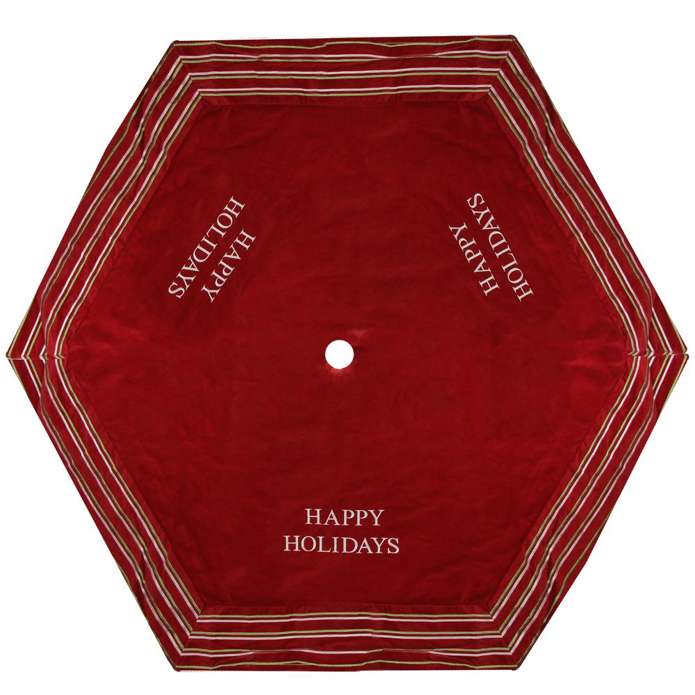 56" Red and White 'Happy Holidays' Christmas Tree Skirt with Striped Trim. Picture 1