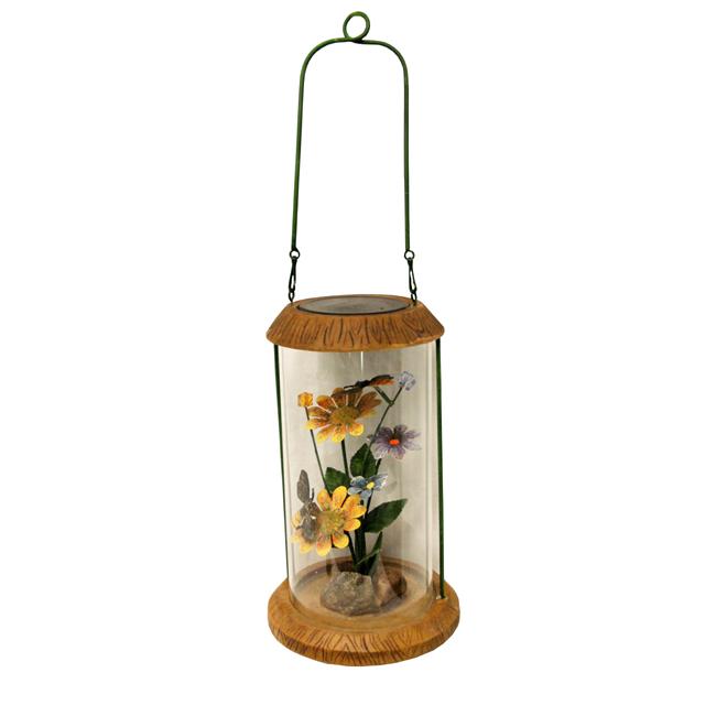 10.5" LED Lighted Solar Powered Outdoor Garden Lantern with Flowers. Picture 1