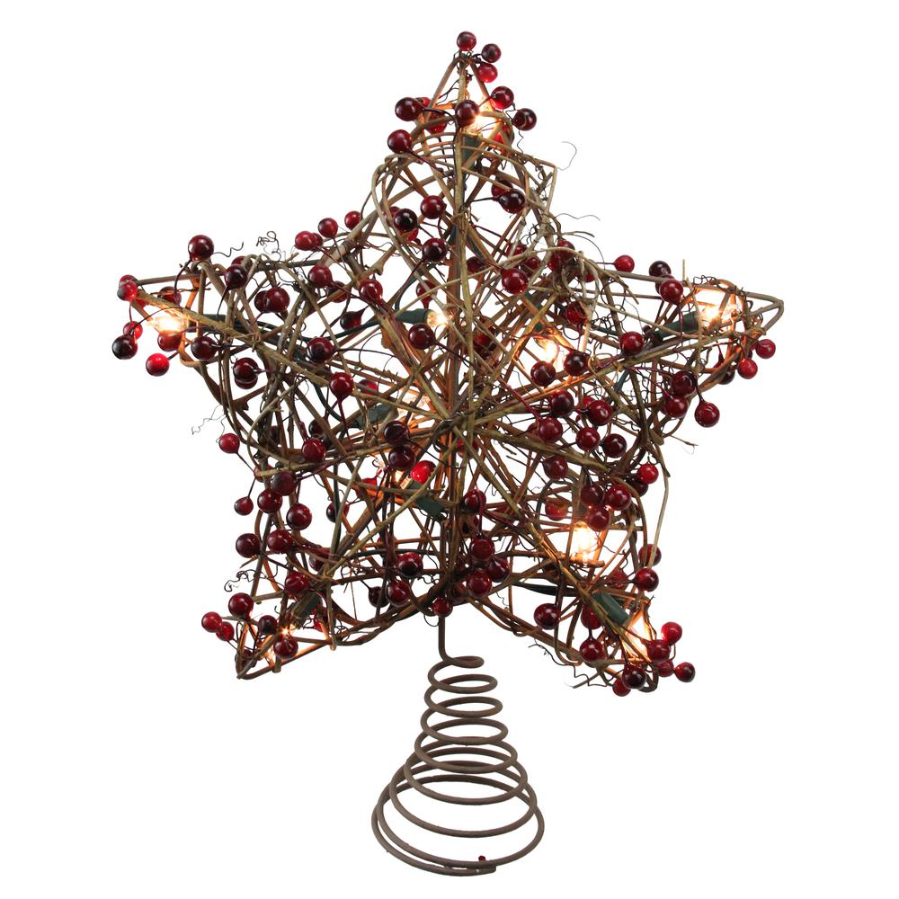 13.5" Brown Rattan with Red Berries Star Christmas Tree Topper - Clear Lights. Picture 1