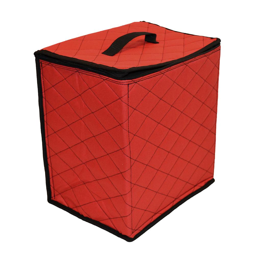 48ct Red and Black Quilted Zip Up Christmas Ornament Storage Tub. Picture 1