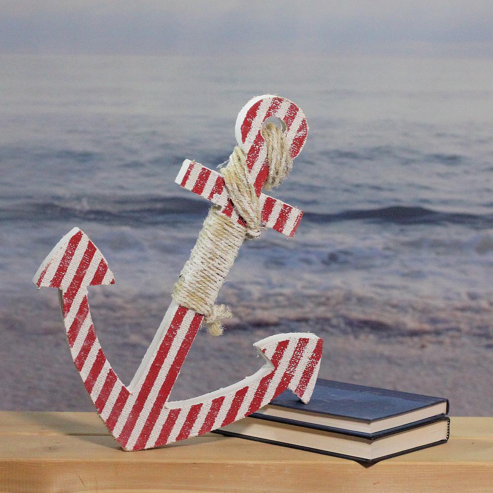 16" Red and White Striped Nautical Hanging Anchor with Rope Wall Art. Picture 3