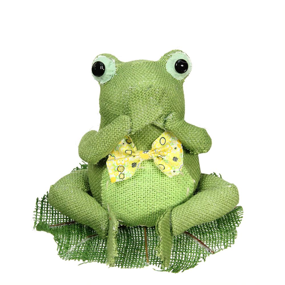 7.5" Green, Yellow and White Decorative Sitting Frog Spring Decoration. Picture 1
