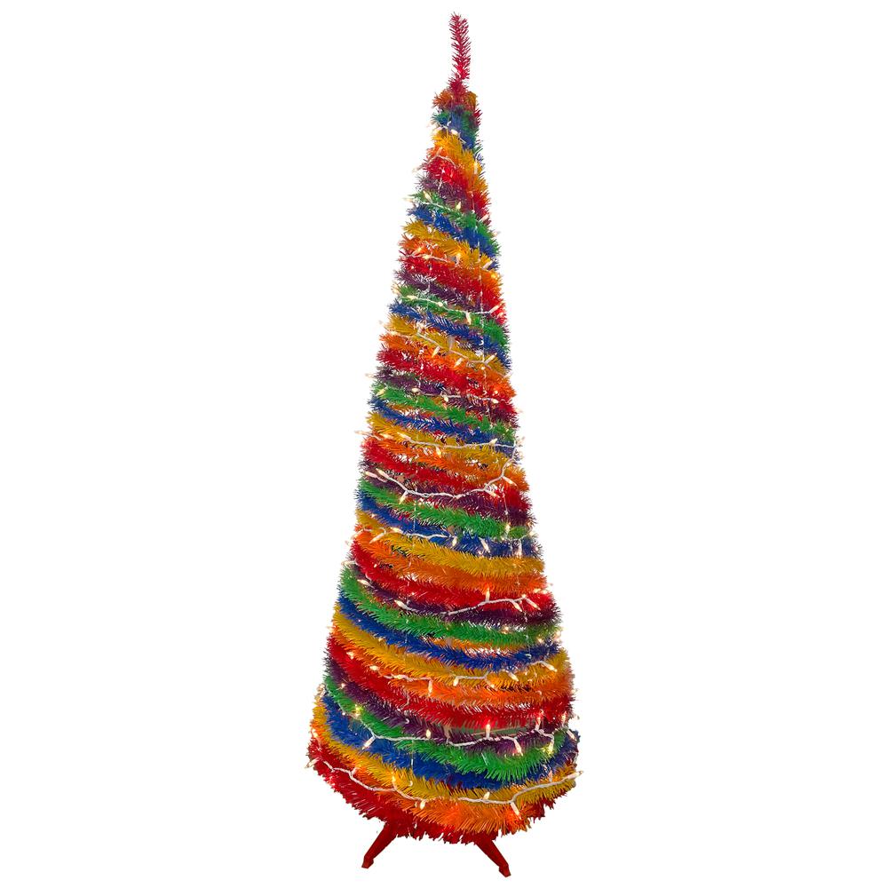 6' Pre-Lit Rainbow Tinsel Pop-Up Artificial Christmas Tree  Clear Lights. Picture 1