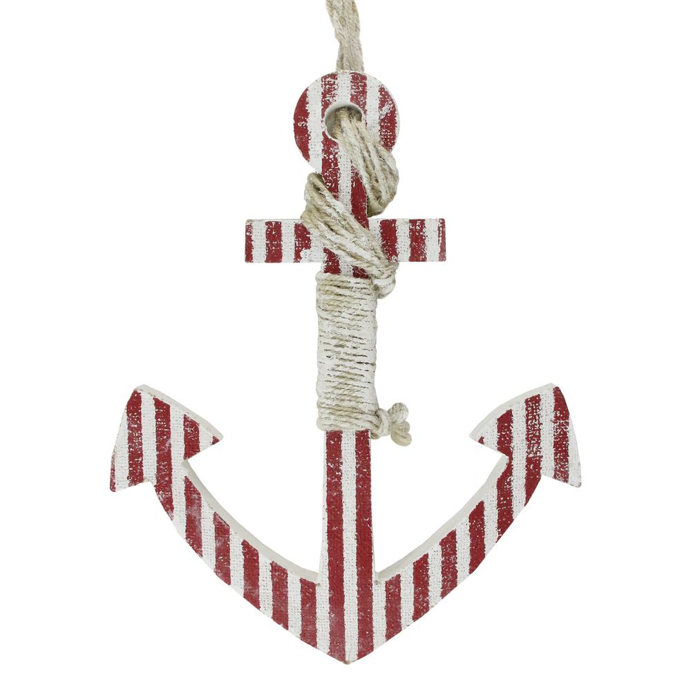 16" Red and White Striped Nautical Hanging Anchor with Rope Wall Art. Picture 1
