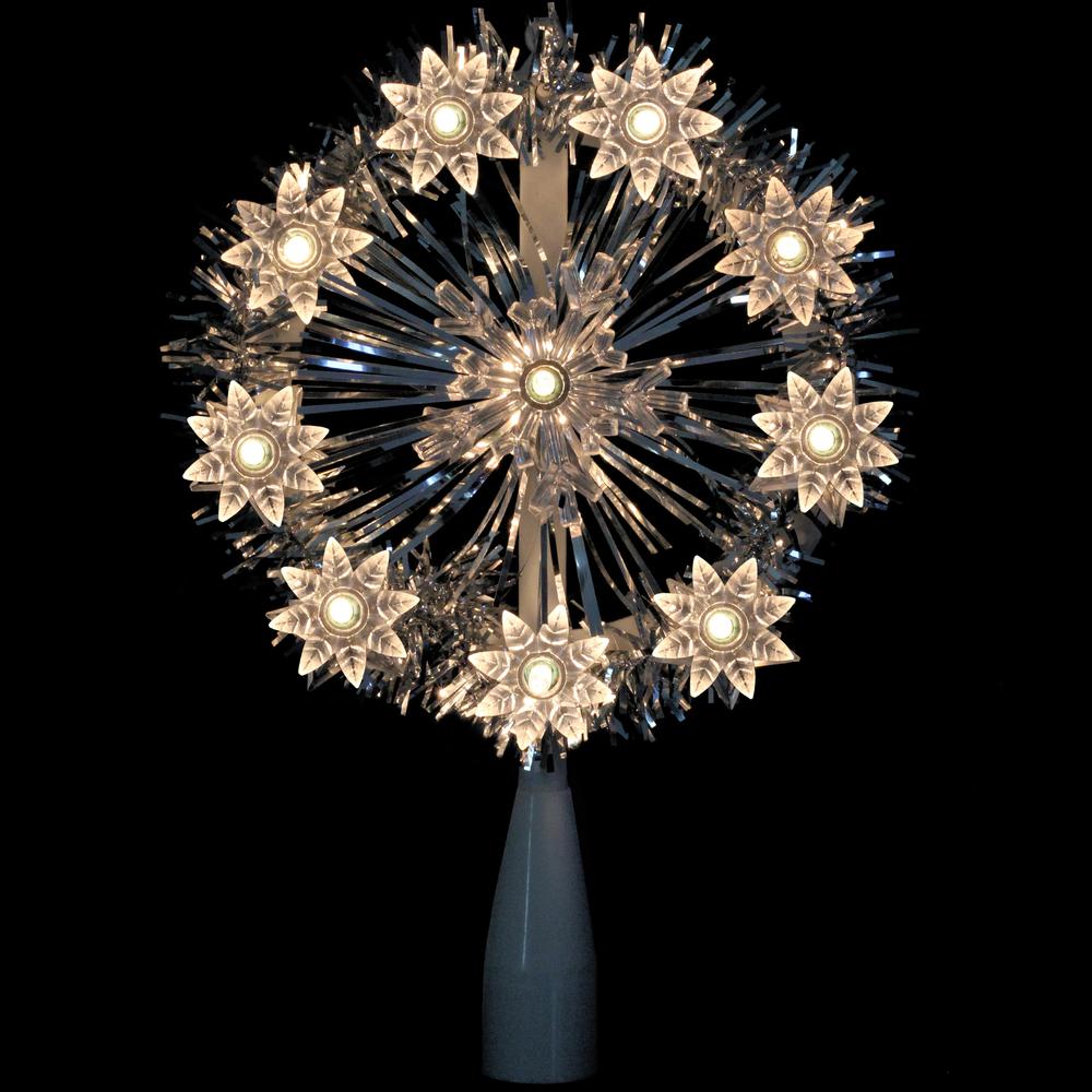 7" Silver Pre-Lit Snowflake Starburst Christmas Tree Topper - Clear Lights. Picture 3