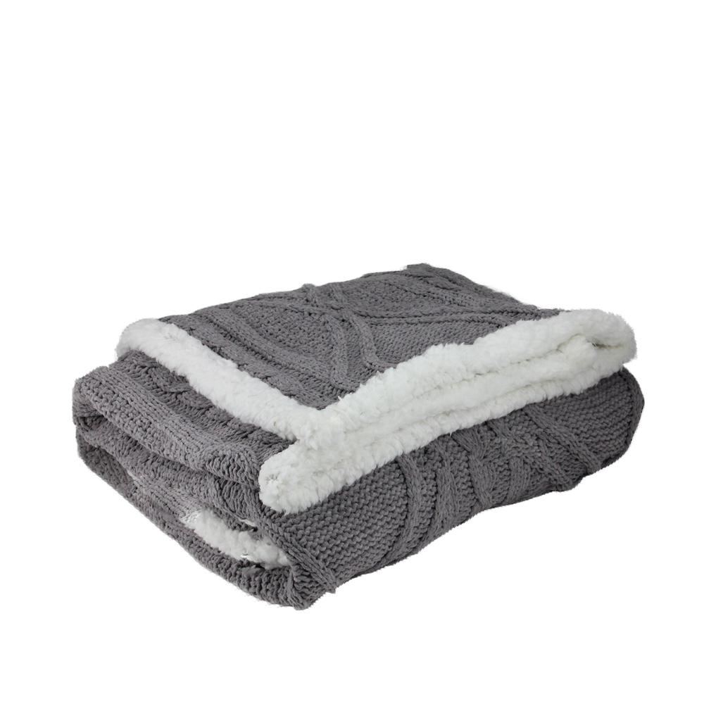 Gray and White Cable Knit Plush Throw Blanket 50" x 60". Picture 1